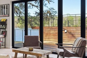 Sitting area facing the deck and lake