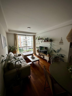 En stue med sofa, sofabord, fjernsyn og mange planter.
