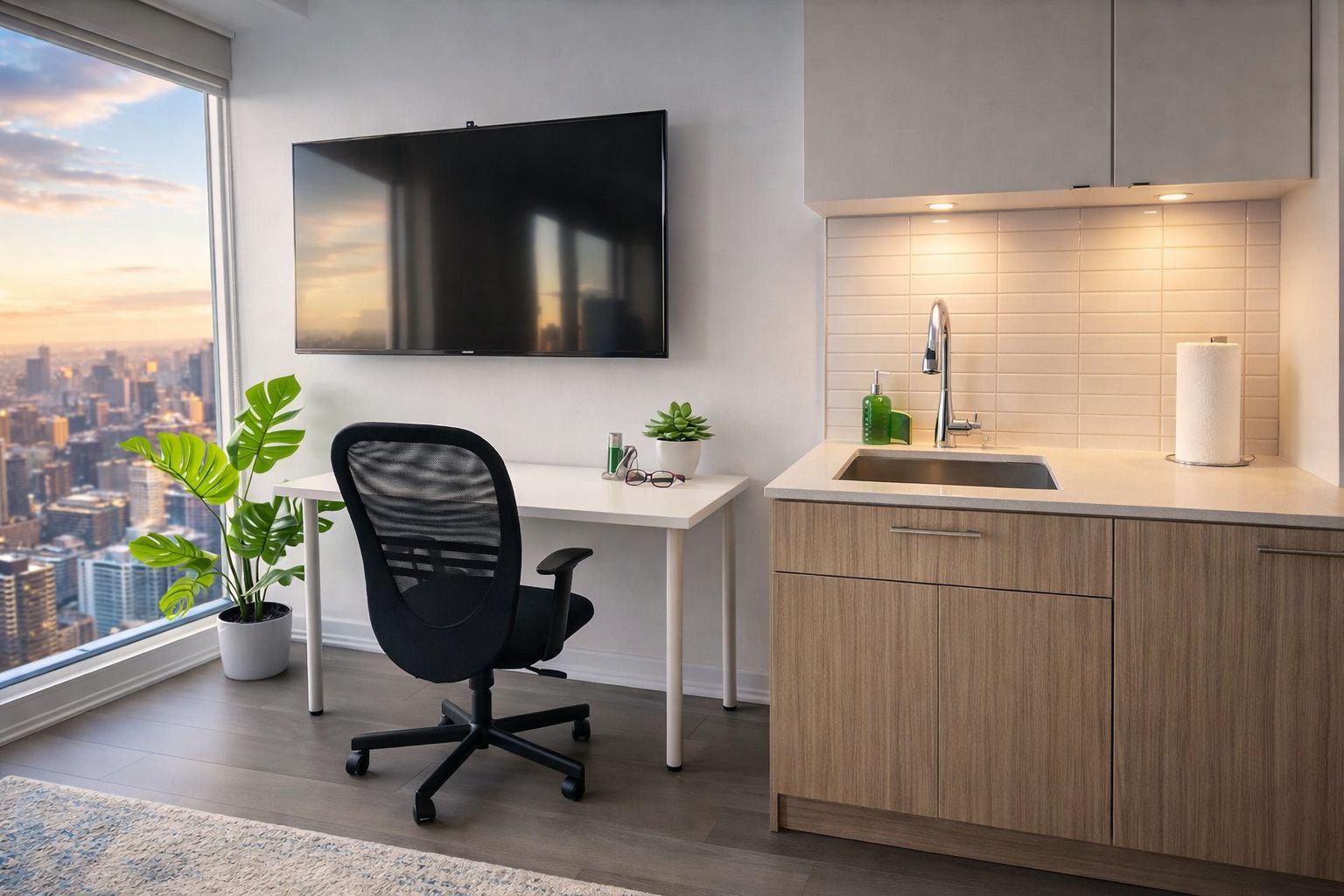 A modern kitchen with a flat-screen TV, a sink, and a window overlooking a cityscape.