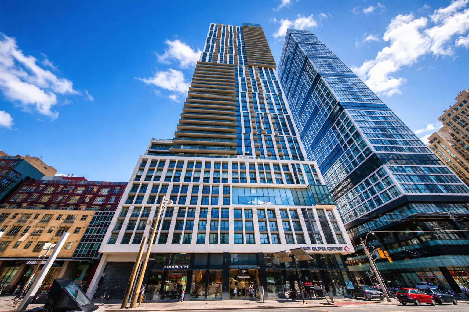A high-rise building with a modern glass facade, a prominent entrance with a sign, and a street-level view with parked cars and a clear sky.