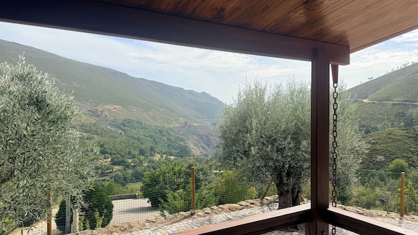 A view from a covered outdoor area with a wooden ceiling, overlooking a valley with olive trees and a mountain range.