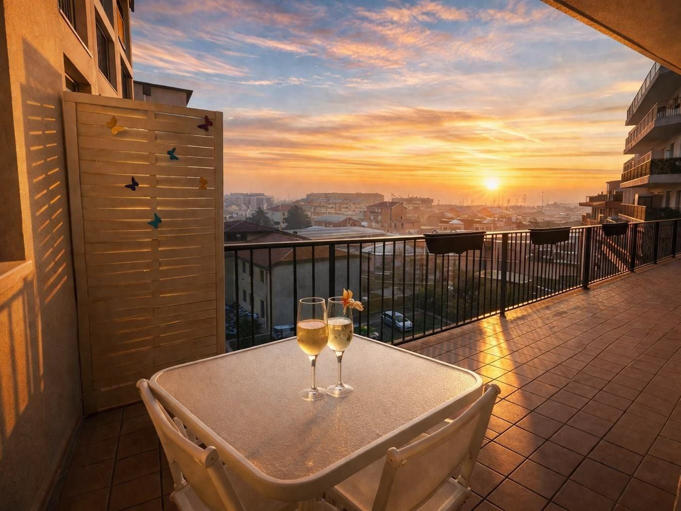 A balcony with a table, two glasses of wine, and a view of a sunset over a cityscape.