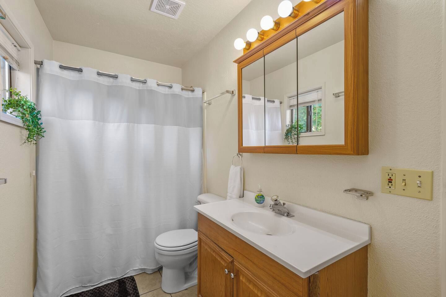A bathroom with a shower curtain, toilet, sink, mirror, and a plant.