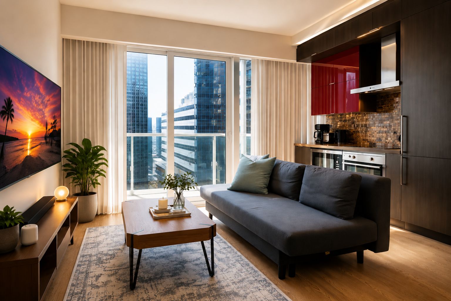 A modern living room with a sofa, coffee table, and a city view through large windows.