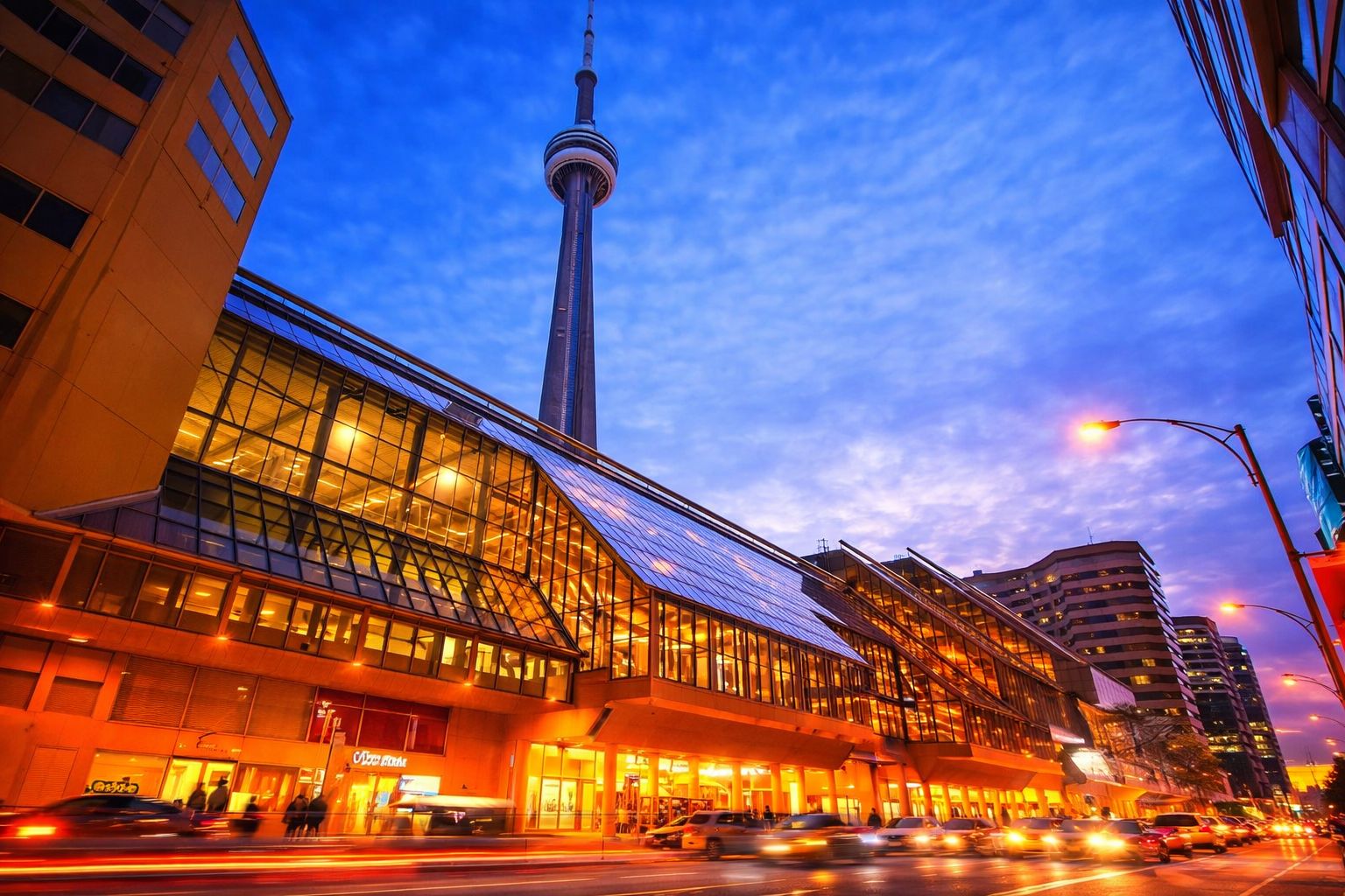 A modern building with a glass facade, a prominent tower, and a busy street with moving vehicles.