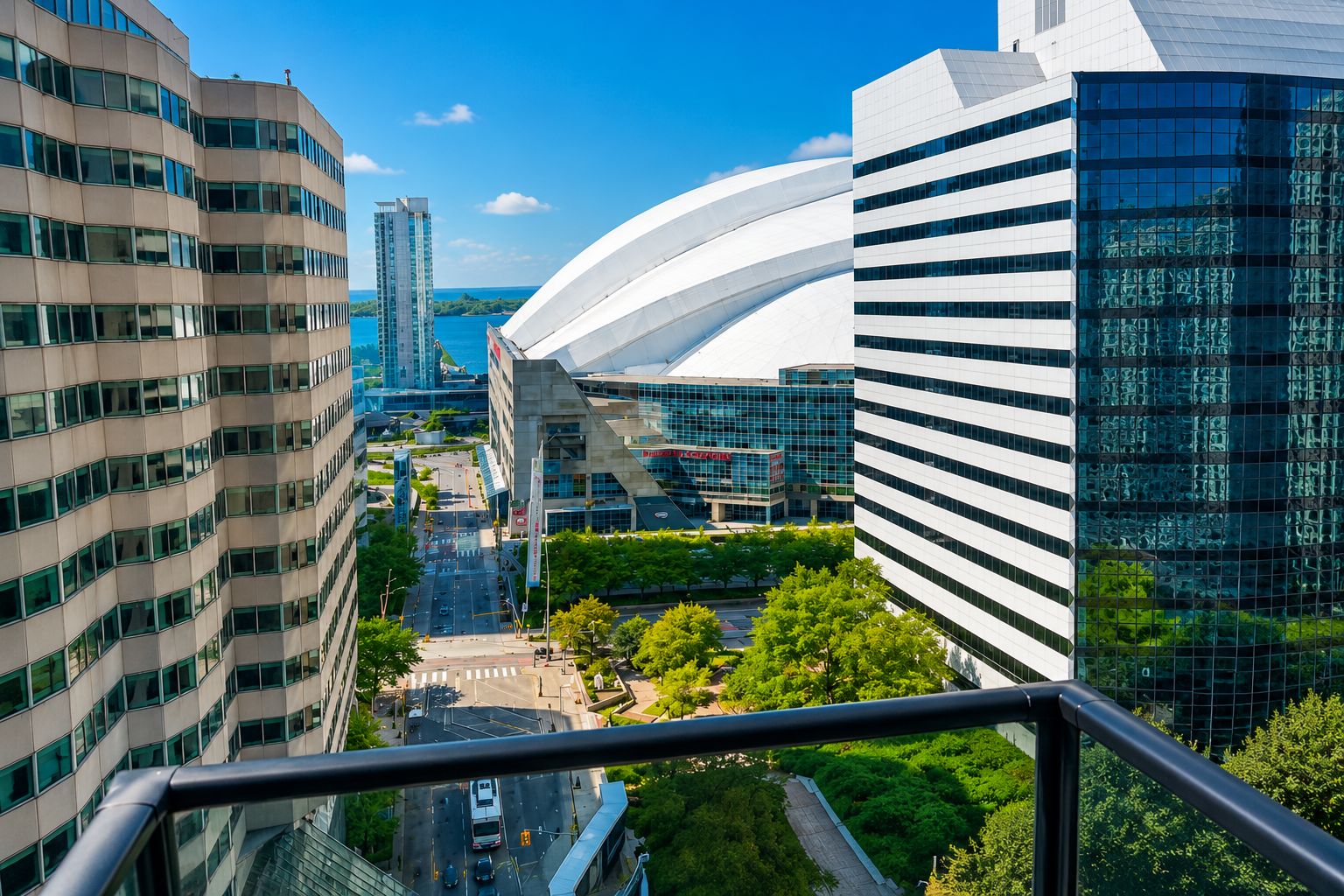 A cityscape with modern buildings, a curved white structure, and a view of the street below.