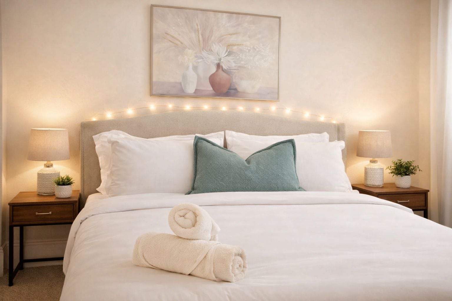 A neatly made bed with white linens, a rolled towel, and a green pillow. There are two bedside tables with lamps and small potted plants. A framed artwork is above the bed.