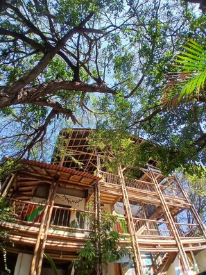 A bamboo structure with multiple levels, surrounded by trees and foliage. - House With Private Pool and bbq (Santa Marta)