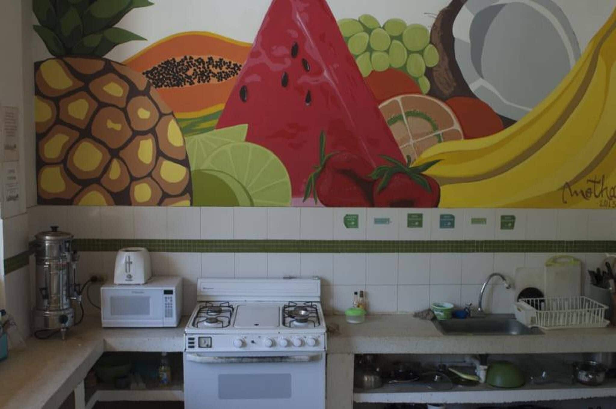 Cozinha equipada com fogão a gás, micro-ondas e painel decorado com tema de frutas.