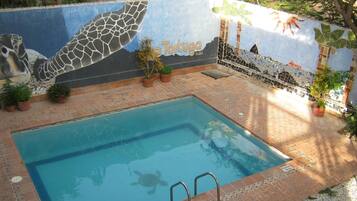 A swimming pool with a tiled edge, surrounded by a wall with a mural, potted plants, and a clear sky.