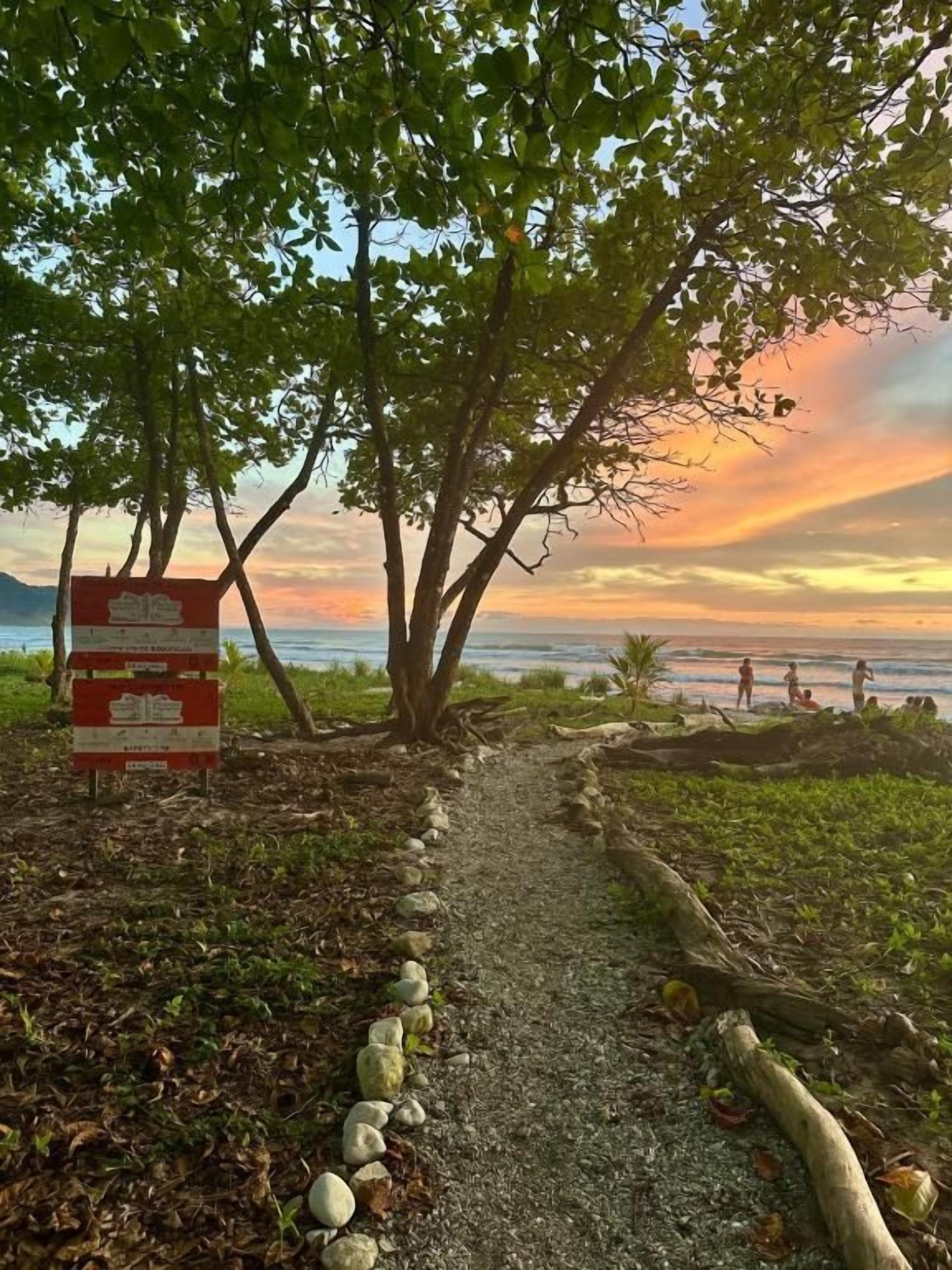 A pathway leading to a beach with a signpost, trees, and a sunset view.