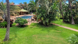 A pool area with a fenced deck, surrounded by lush greenery and palm trees. - Exceptional Family 2-bed/2 bath AC Pool & Garden View on Oceanfront Property (Lahaina)
