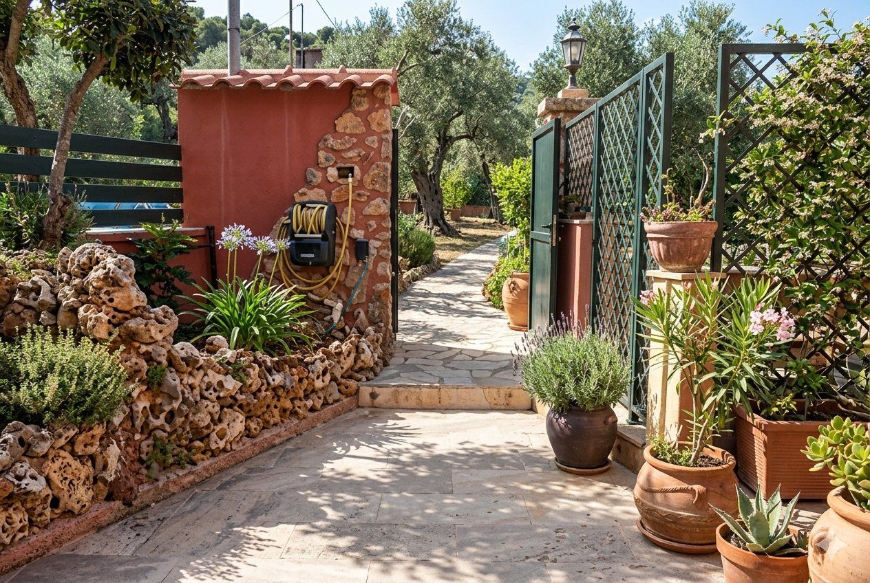 A garden pathway with a stone wall, potted plants, and a gate.