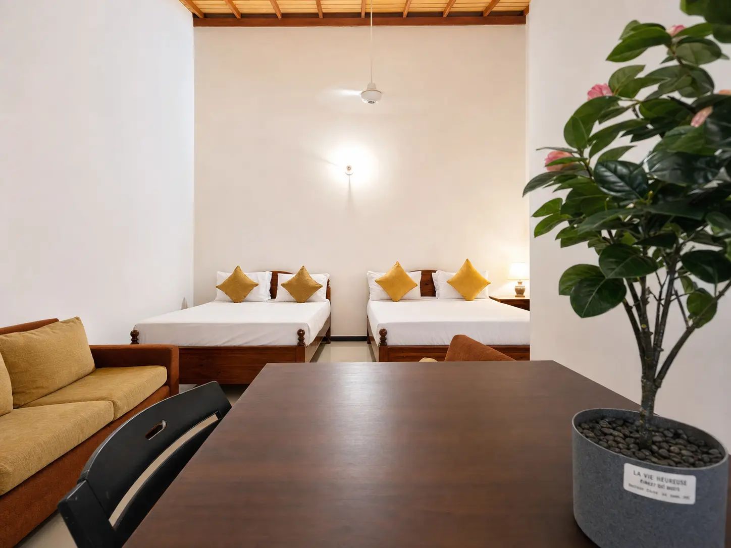 A room with two beds, a wooden table, a sofa, and a potted plant.