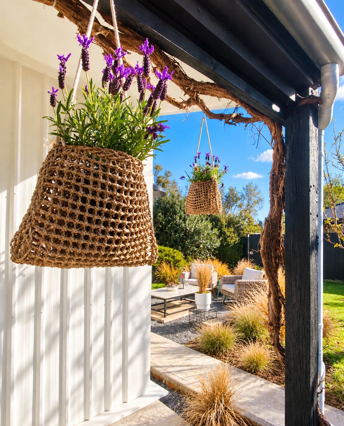 A hanging woven basket with purple flowers, a white planter, and a hanging basket with dried plants.