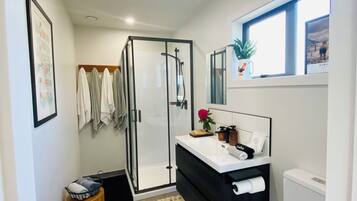A compact bathroom with a glass shower enclosure, a white sink, and a toilet.