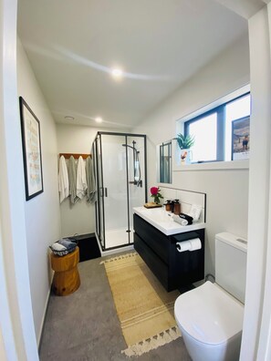 A compact bathroom with a glass shower enclosure, a white sink, and a toilet. - Lady Geraldine’s Guesthouse | Sleeps 2 Boutique (Geraldine)