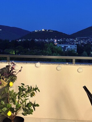 A balcony with a potted plant and a view of a town and mountains in the distance.
