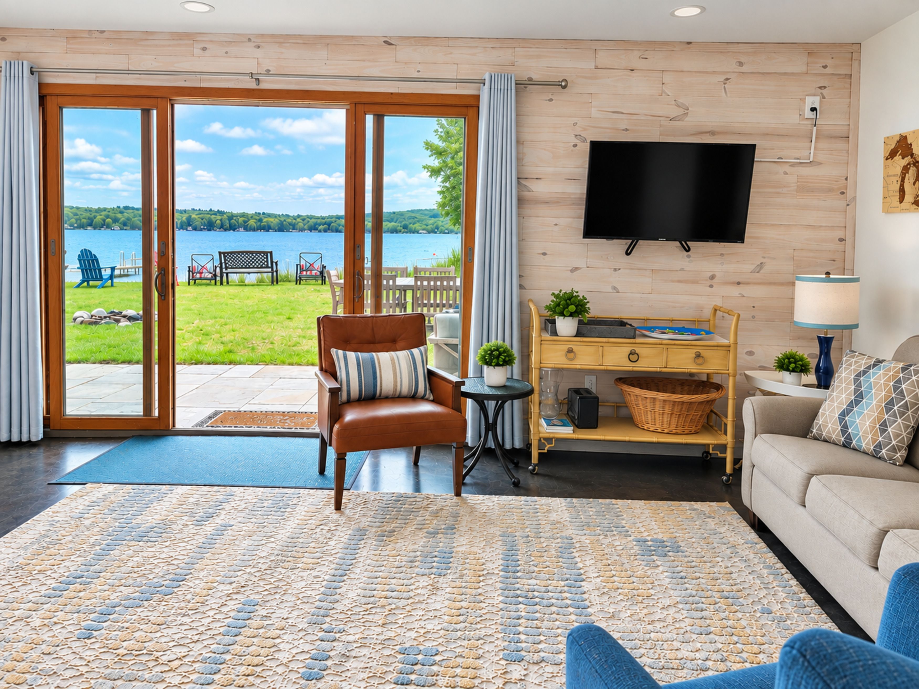 A living room with a sofa, a chair, a television, and a view of a lake.