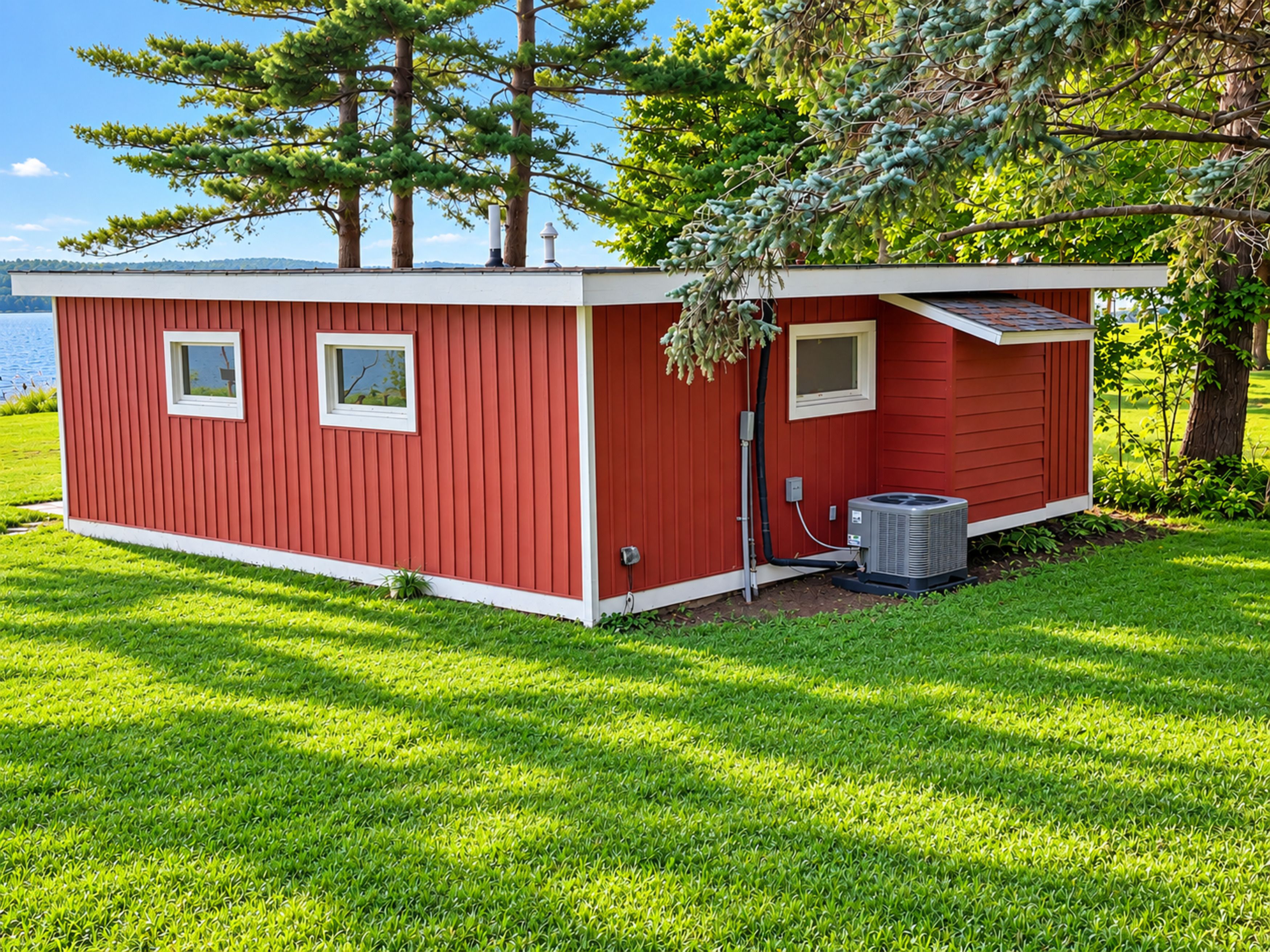 Une cabane rouge avec deux fenêtres, une cheminée et un appareil de climatisation, située sur une zone herbeuse près d’une étendue d’eau.