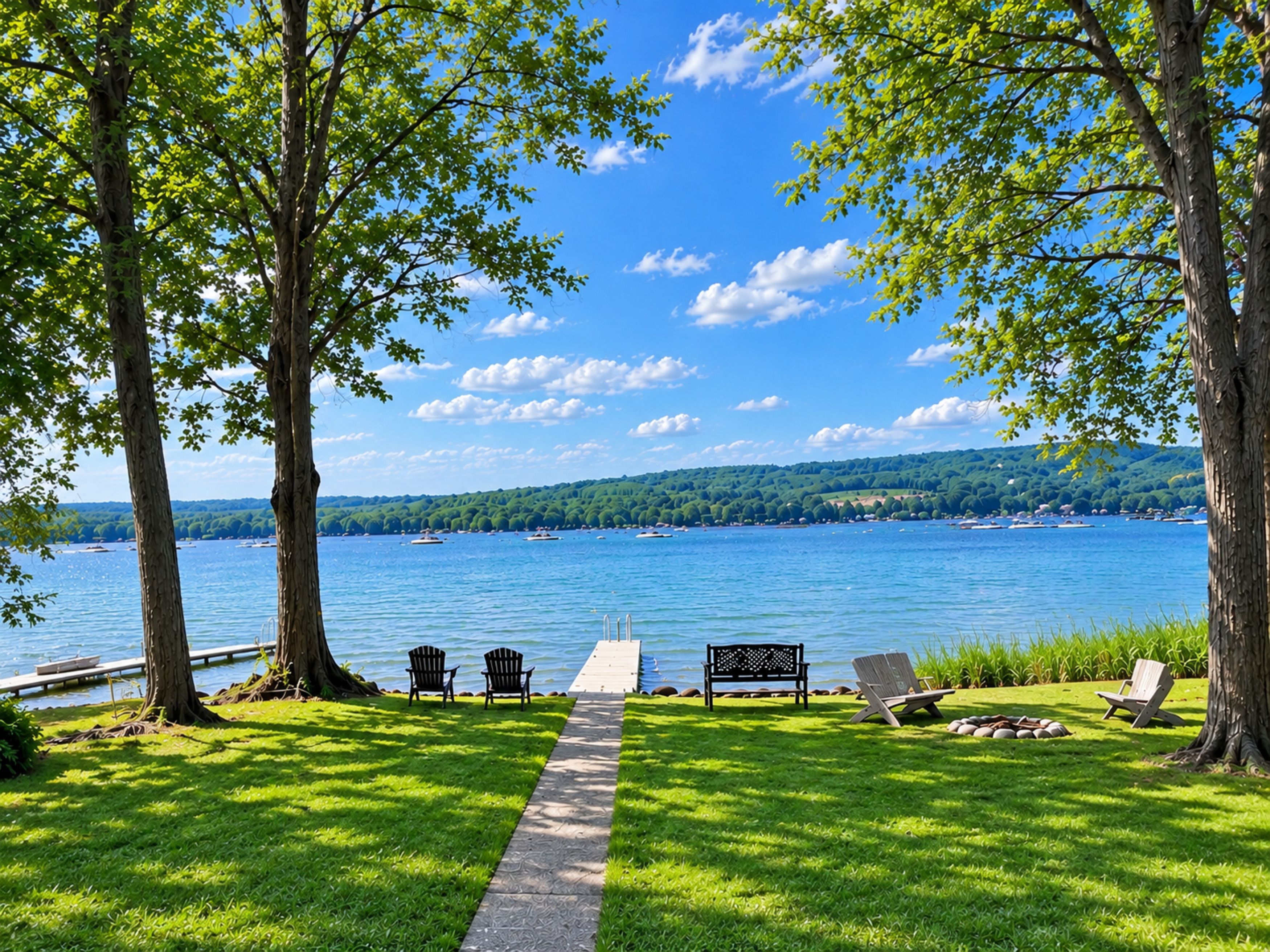 A lakeside view with a pathway leading to a dock, surrounded by trees and chairs.