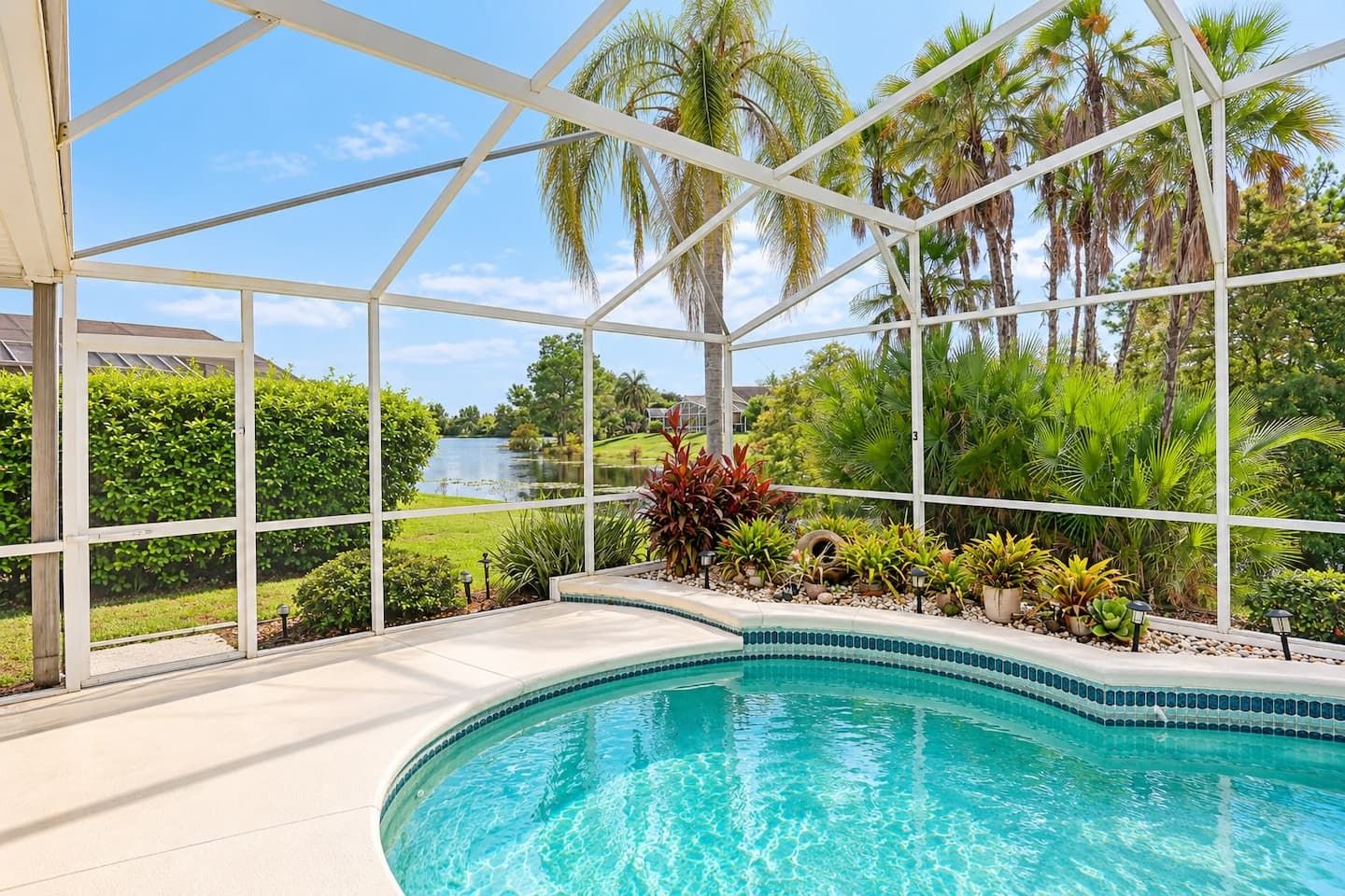 Un área de piscina con vistas despejadas a un lago, rodeada de exuberante vegetación y palmeras.