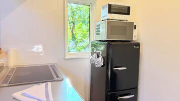 A kitchenette with a microwave, oven, and refrigerator.