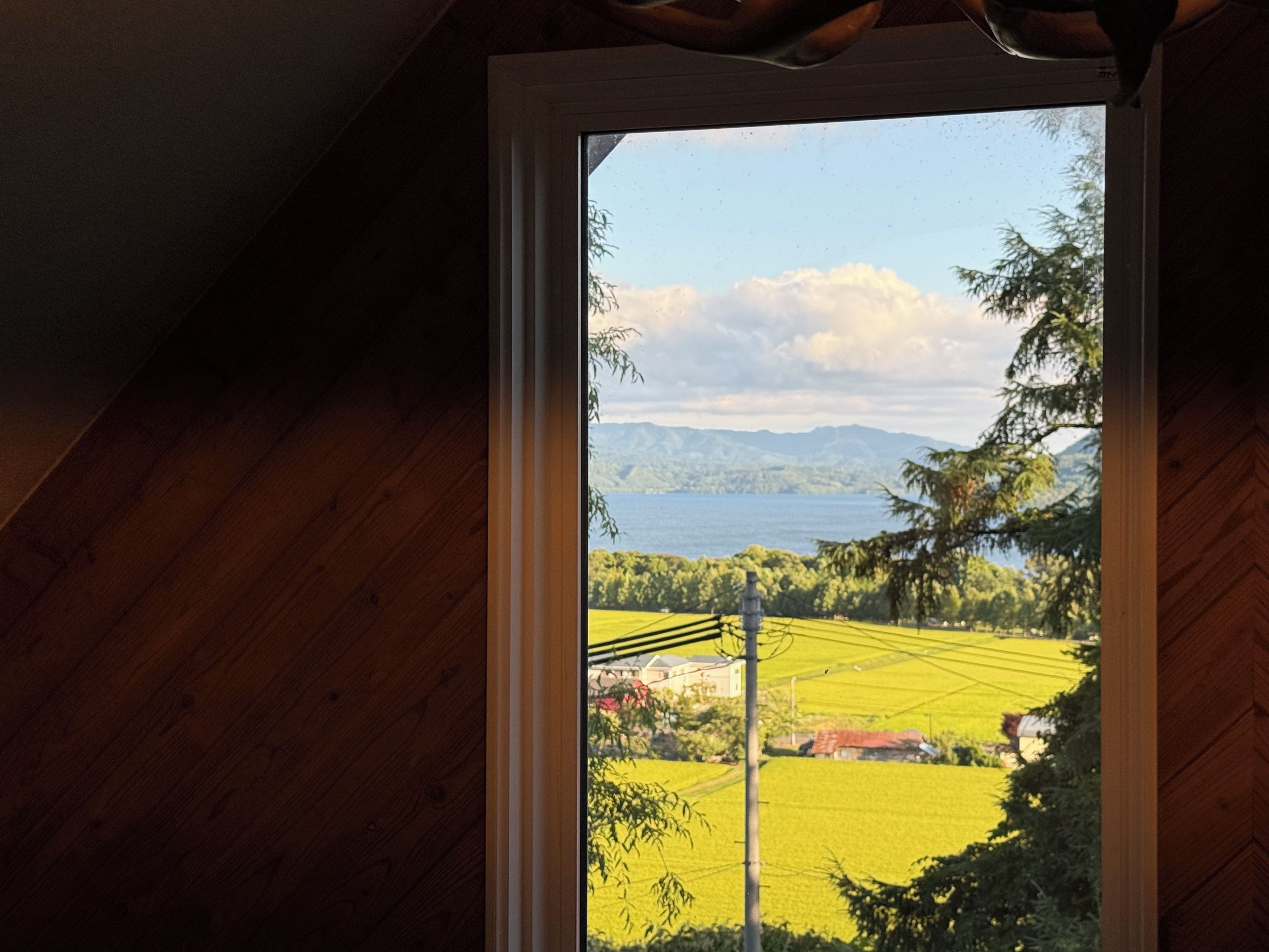 Une vue depuis une pièce aux murs en bois et dotée d’une fenêtre, donnant sur un paysage composé de champs, d’arbres et d’une étendue d’eau.