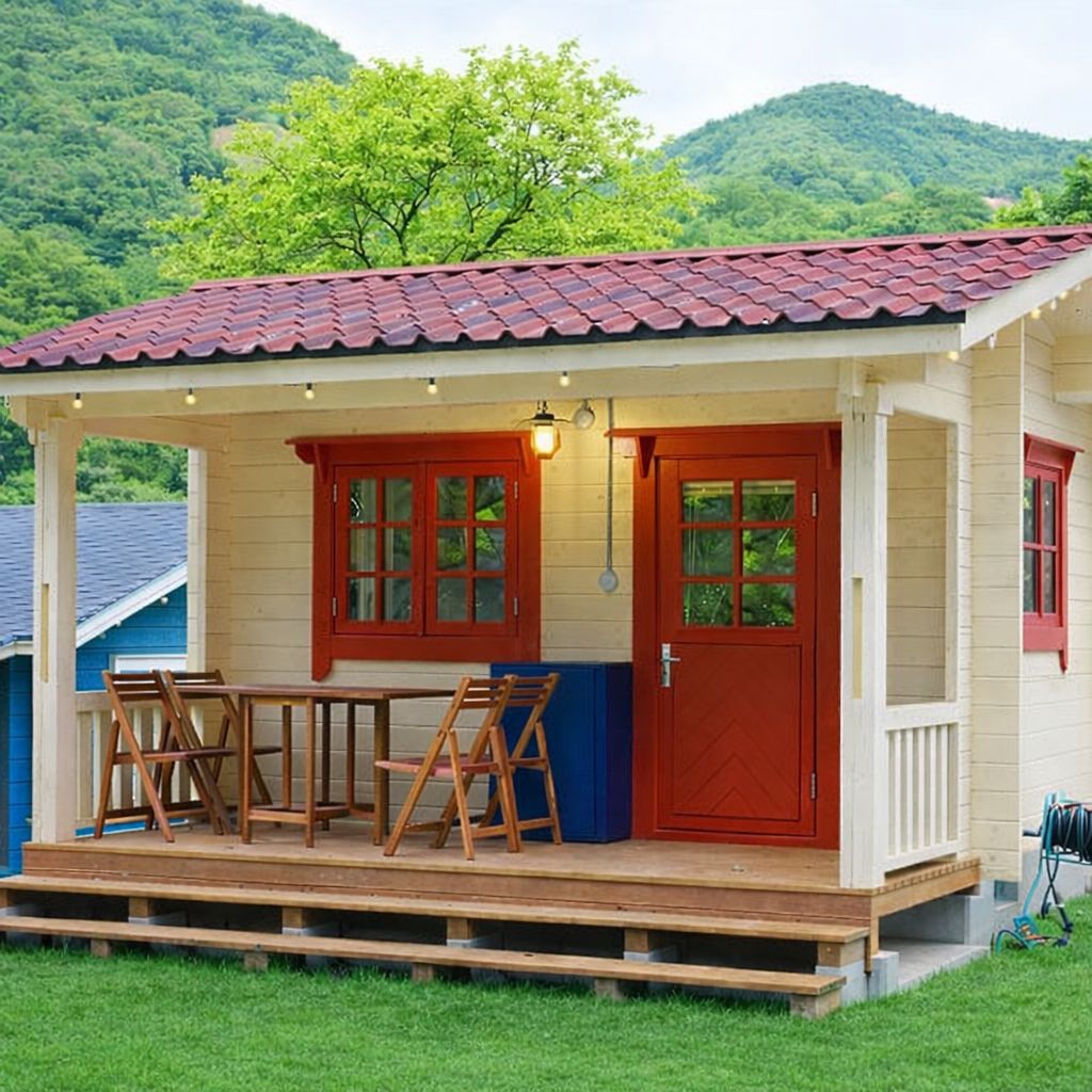 Una pequeña construcción de madera con techo rojo, un porche con mesa y sillas, y una puerta con paneles de vidrio.