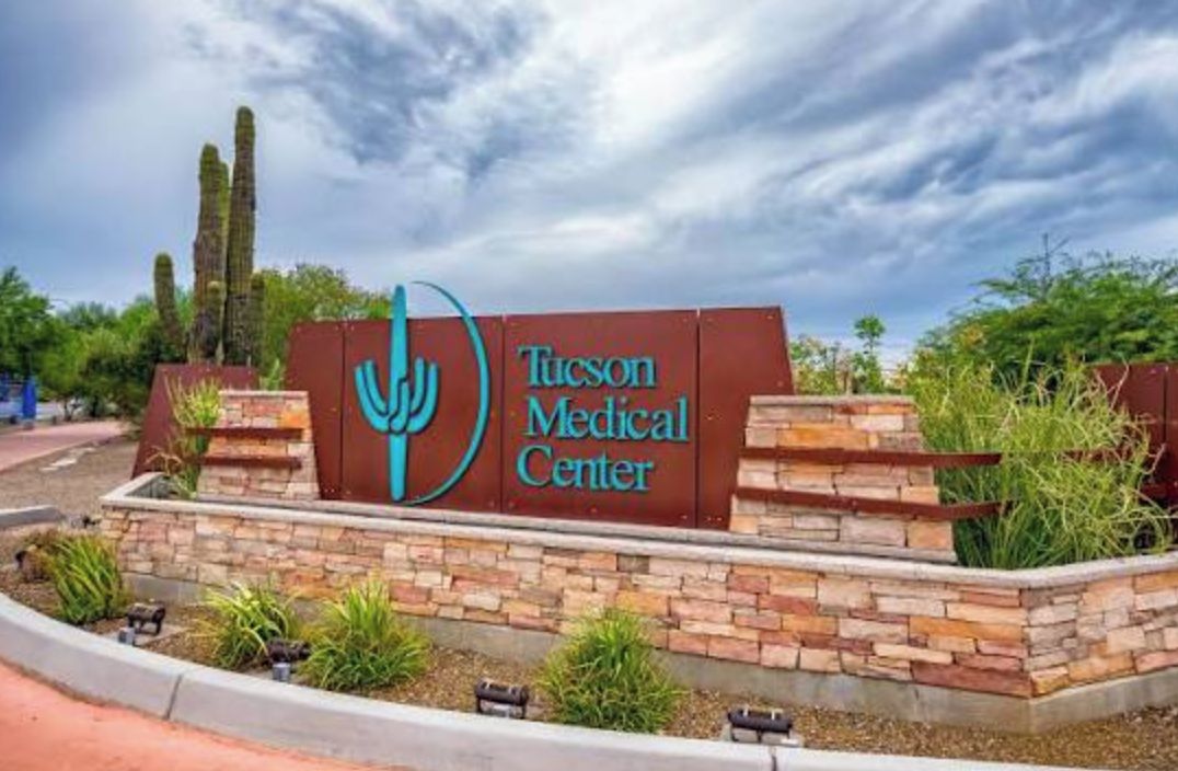 A sign for the Tucson Medical Center with a cactus graphic, surrounded by a landscaped area with plants and a stone border.