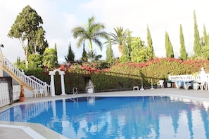 A swimming pool with a clear blue water surface, surrounded by a variety of trees and shrubs, including palm trees and flowering plants. - Studio with a View of the Harbor (Puerto de la Cruz)