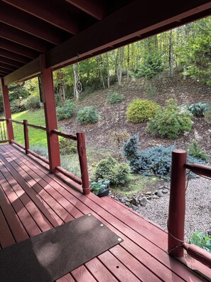 A wooden deck with a doormat, a view of a landscaped garden with various shrubs and trees. - 4-bedroom PNW Woodland Lodge near Mt. St. Helens (Castle Rock)