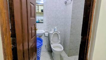 A bathroom with a toilet, sink, and shower area.