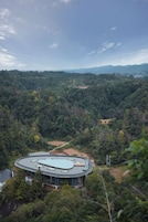 Un edificio circular con techo plano rodeado de un bosque frondoso.