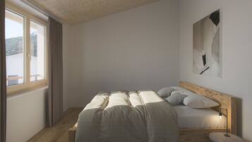 A bedroom with a bed, a bedside table, a window, and a wall-mounted artwork.