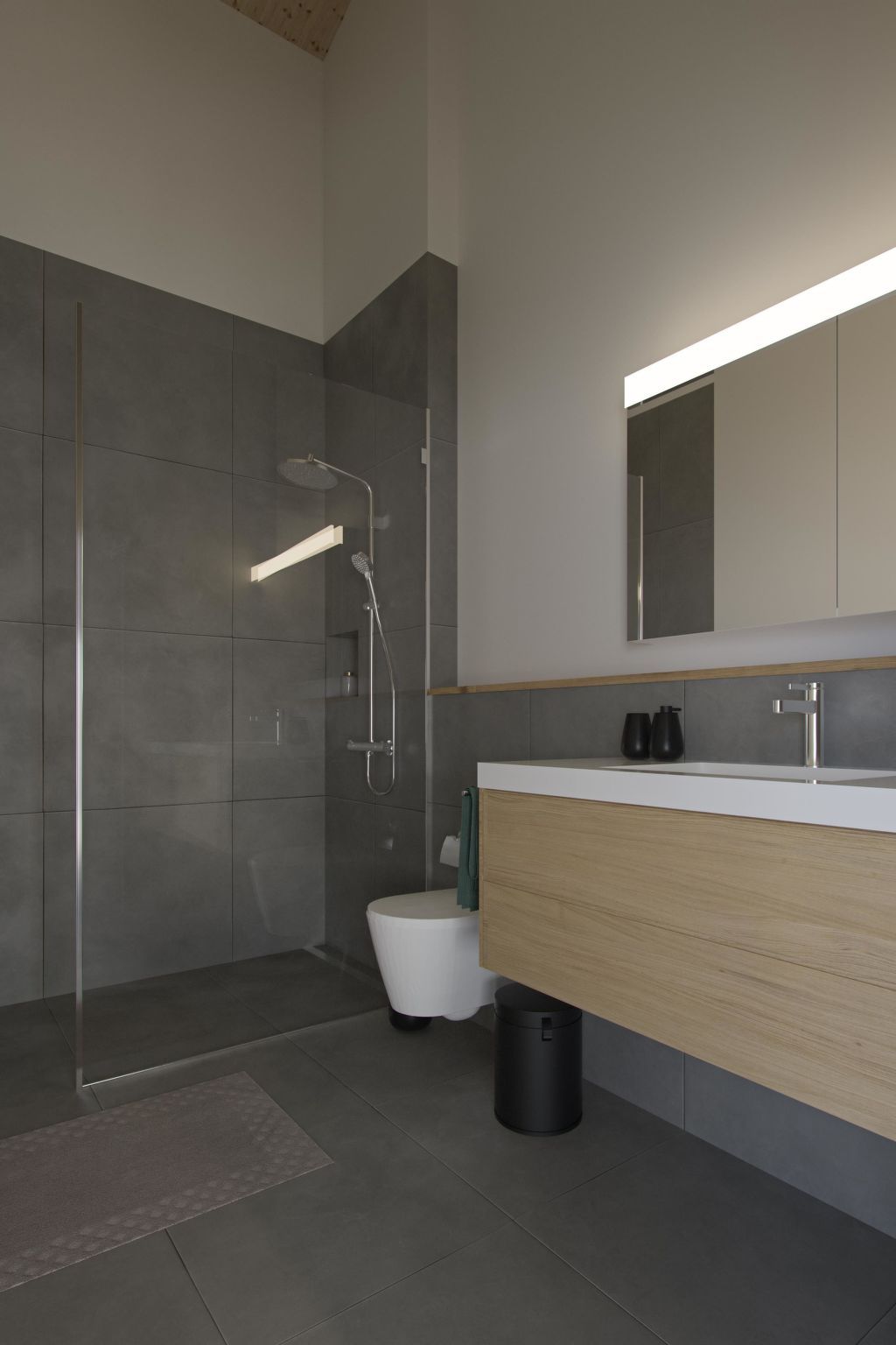 Une salle de bain moderne équipée d’une douche, de toilettes et d’un meuble-lavabo.