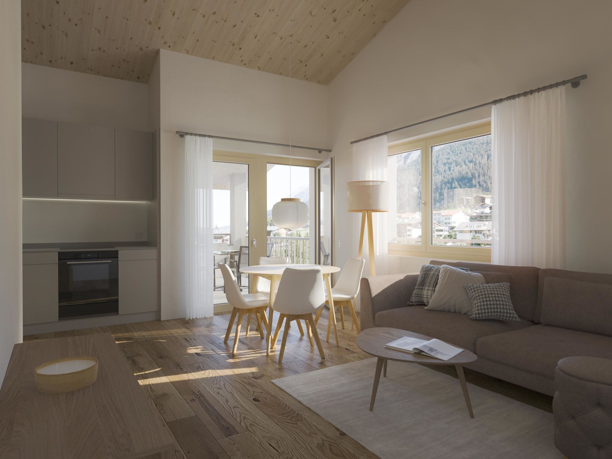 Ein modernes Wohnzimmer mit Sofa, Couchtisch und Essbereich.