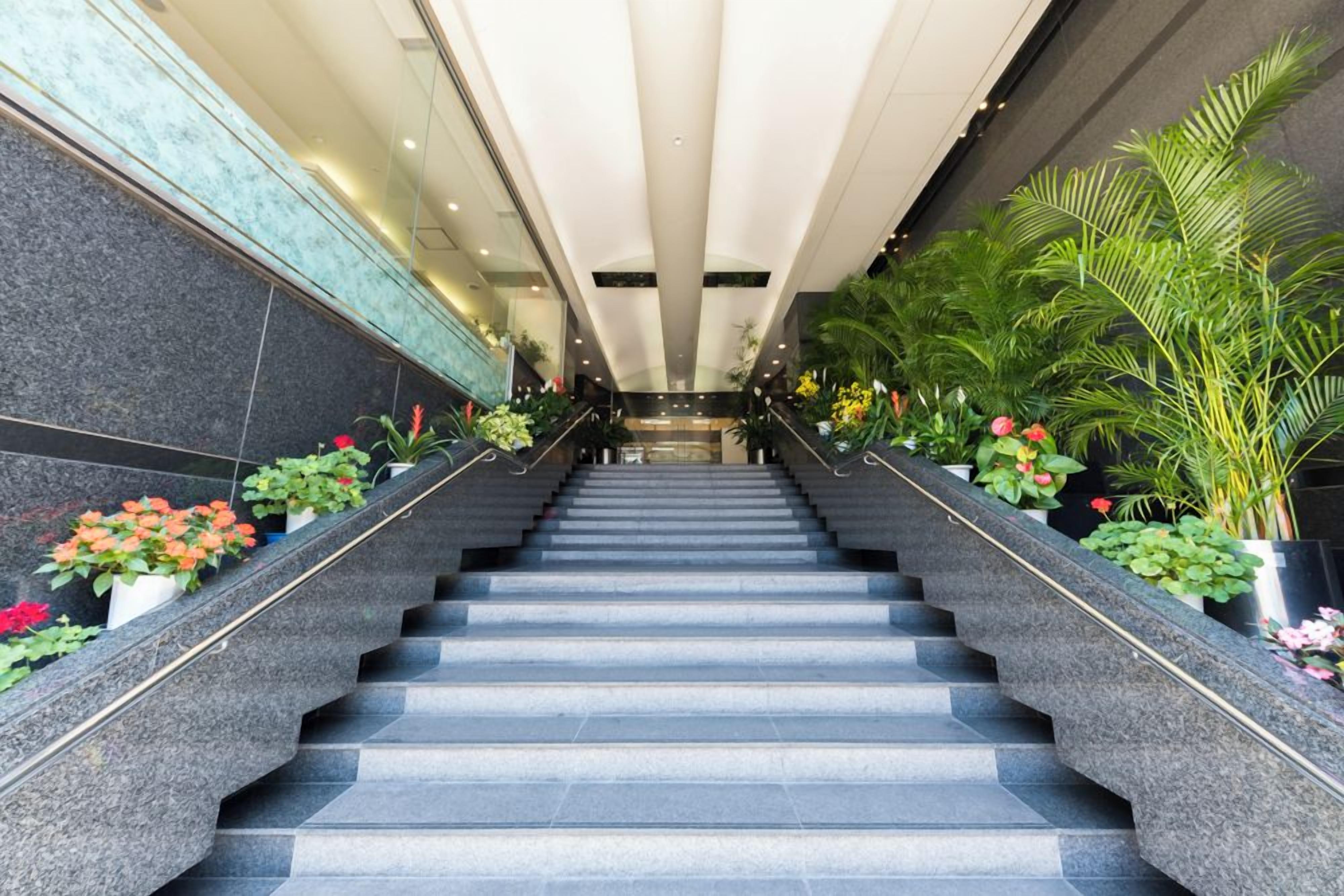 A staircase with a modern design, flanked by potted plants and flowers.