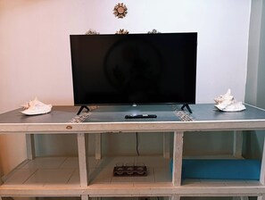 Ein Fernseher auf einem Holztisch, verziert mit dekorativen Muscheln und einer Fernbedienung.