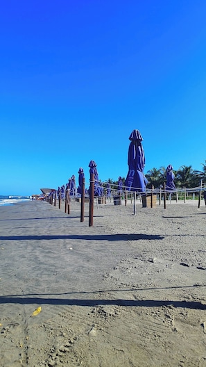 A beach with rows of umbrellas and beach chairs, a clear sky, and the ocean in the background. - Experience Cartagena History Caribbean Flavors and Relaxation in Serena del Mar (Cartagena Province)
