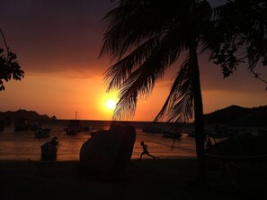 A sunset over a coastal area with boats and a palm tree silhouette. - Private room - 4 people, pool & sea view (Santa Marta)