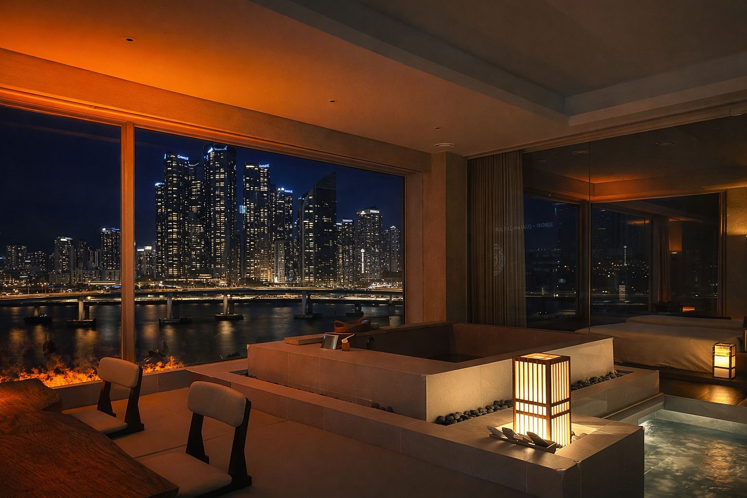 A modern interior with a large window overlooking a cityscape at night.
