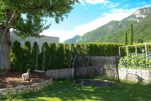A backyard with a tree, a small dog, a trampoline, and a stone wall. - Melanie's Guesthouse (Kaltern)