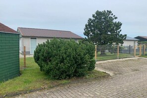 A residential area with a paved driveway, a fenced yard, and a large evergreen tree. - Holiday home with 1 bedroom (Burgerbrug)