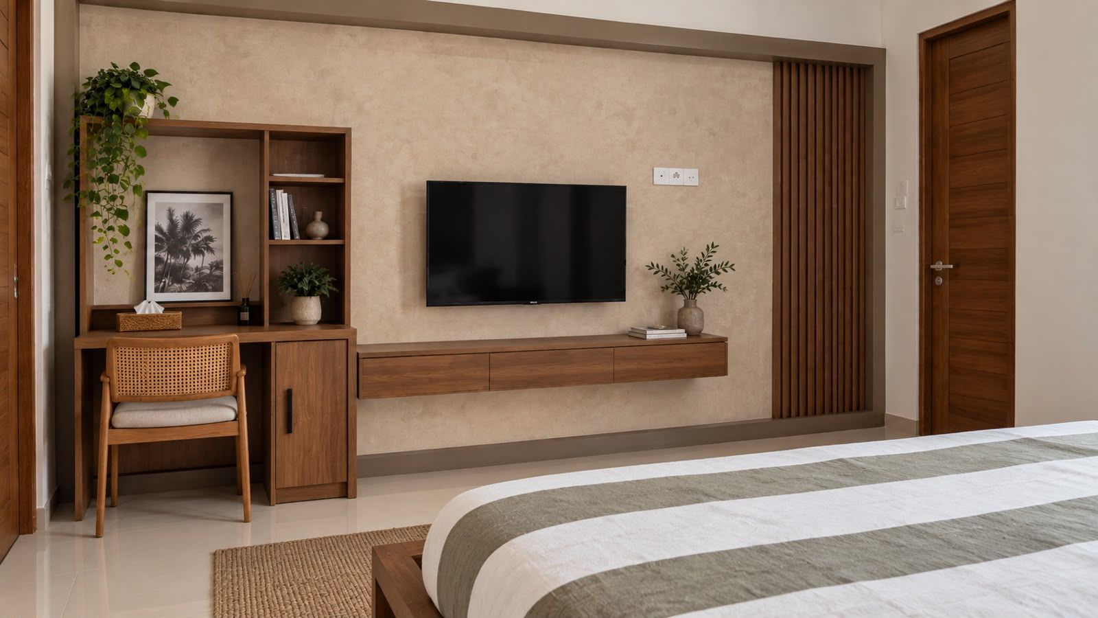 Un dormitorio con una cama, un escritorio con silla, un televisor y un armario.