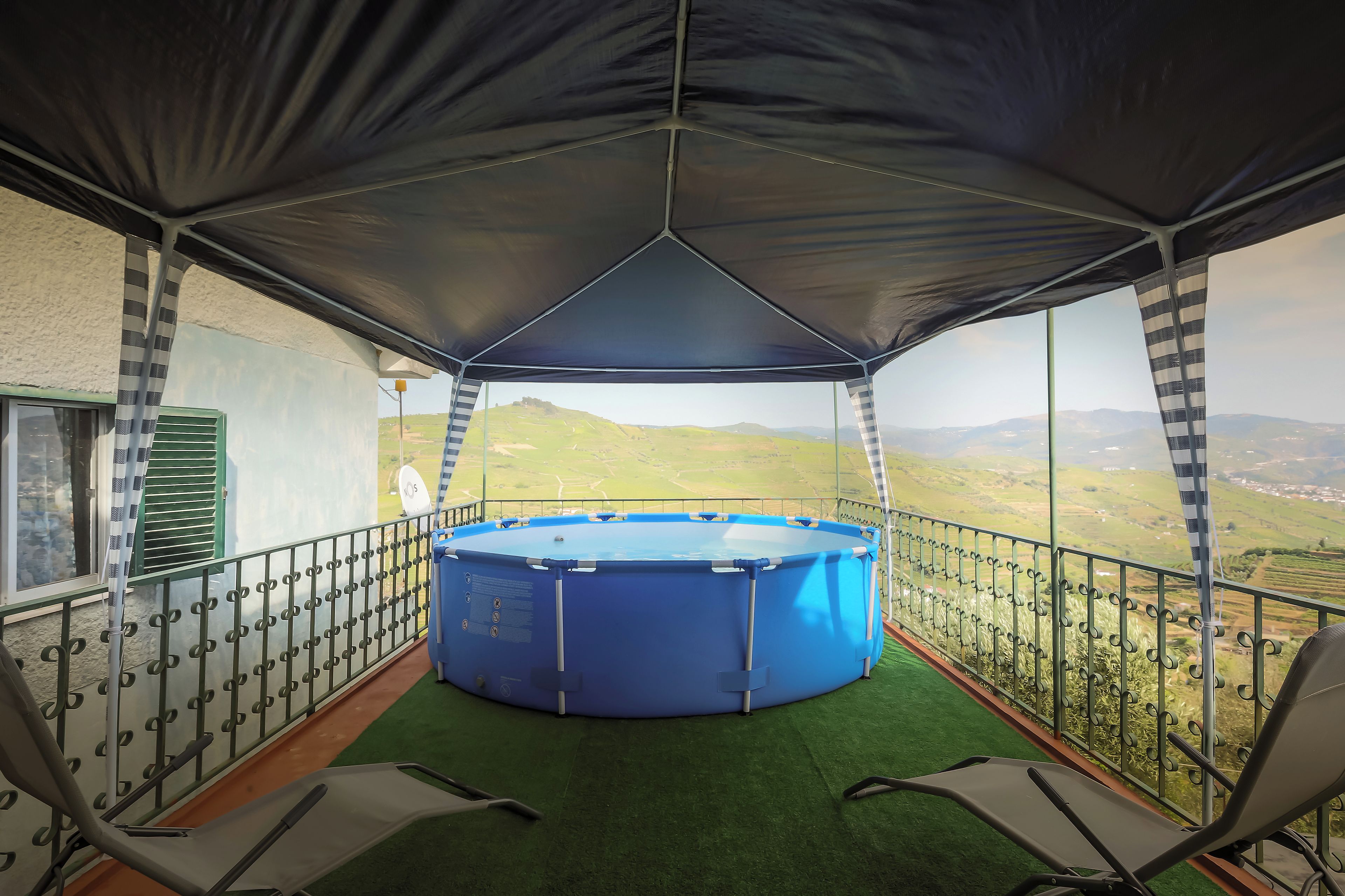 A covered outdoor area with a blue pool, green artificial turf, and a view of the countryside.