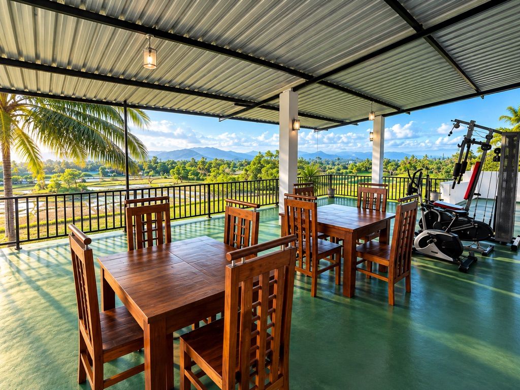 An outdoor covered area with wooden tables and chairs, exercise equipment, and a view of a green landscape with mountains.