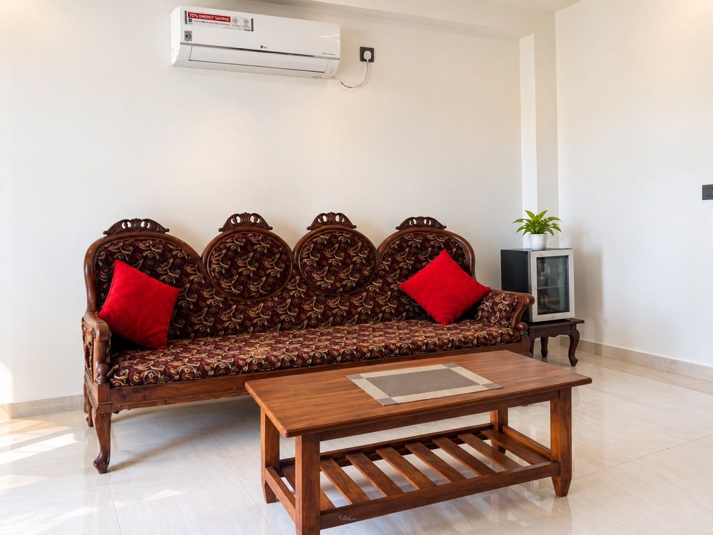 A sofa with a patterned upholstery and two red cushions, a wooden coffee table, a small potted plant, and an air conditioning unit mounted on the wall.