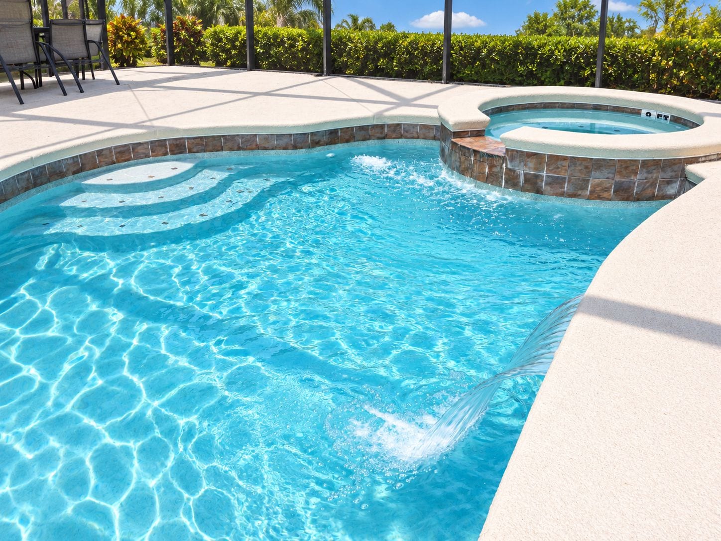 A swimming pool with a hot tub, surrounded by a tiled deck and outdoor furniture.