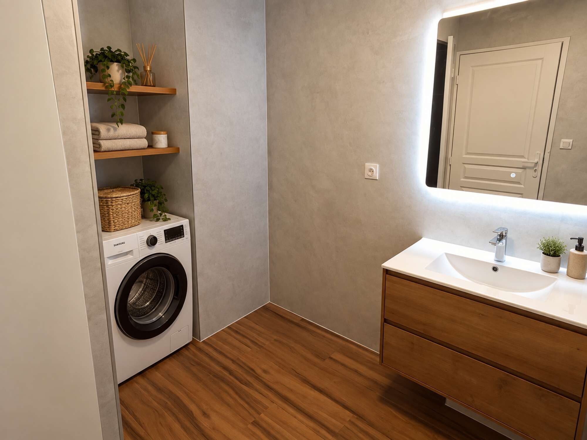A compact bathroom with a washing machine, wooden shelves, a mirror, and a sink.
